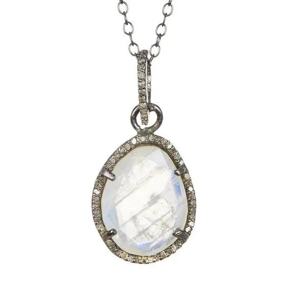 NEW Adornia Beckett Moonstone Slice Diamond Halo Black Rhodium Sterling Silver - Picture 1 of 2